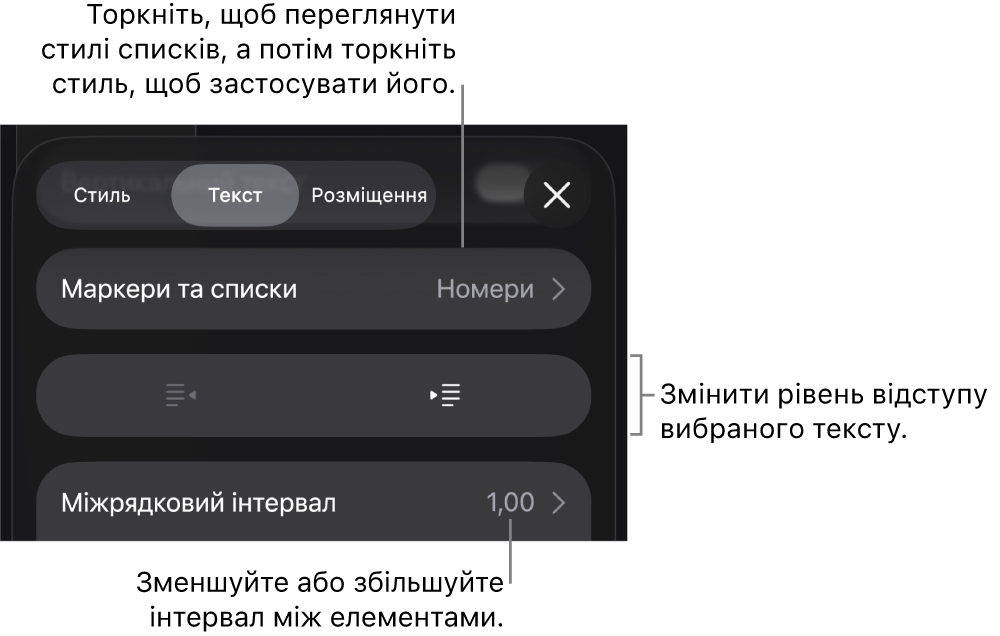 Розділ «Маркери і списки» елементів керування «Формат» з виносками на «Маркери і списки», кнопки виступів і відступів та елементи керування інтервалами.