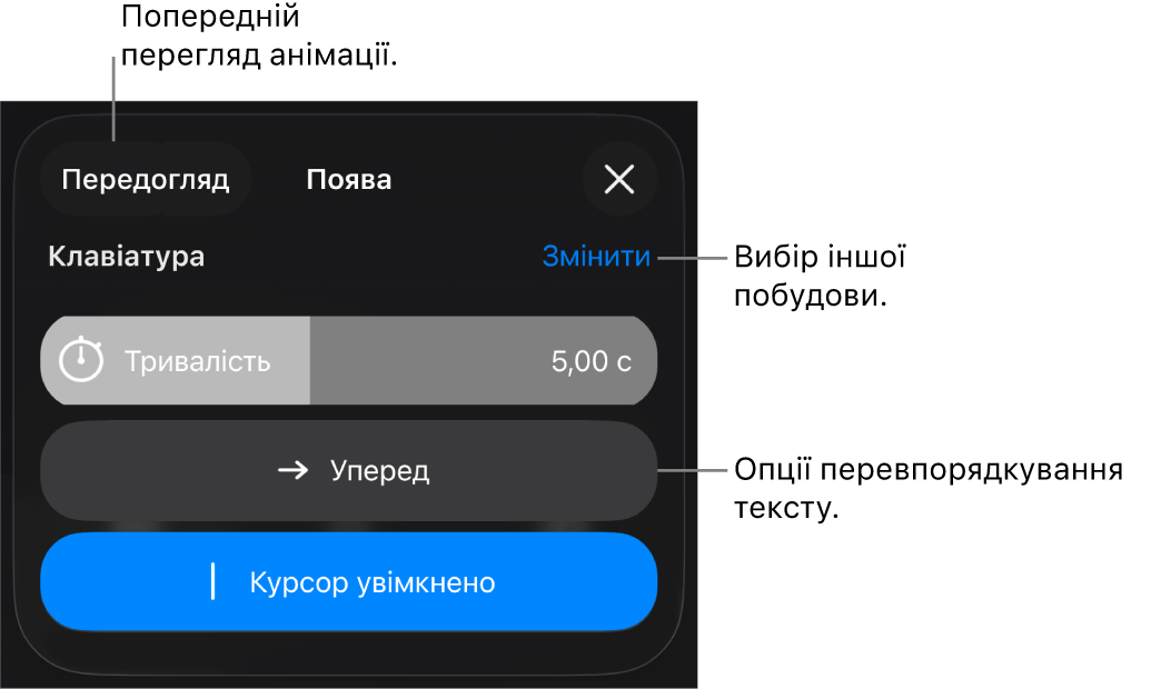 Опції появи включають «Тривалість», «Анімація тексту» і «Подавання». Торкніть «Змінити», щоб обрати іншу побудову, або «Попередній перегляд», щоб переглянути побудову.