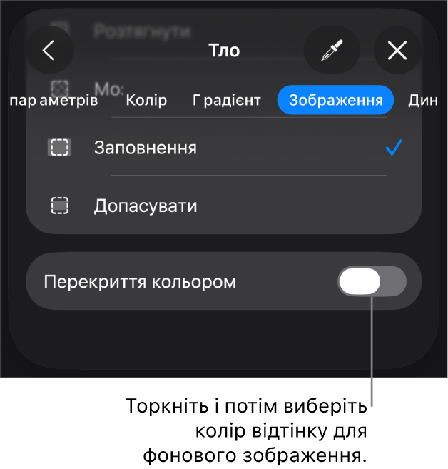 Елементи керування тлом: тлом слайда вибрано зображення, а внизу показано елемент «Перекриття кольором».