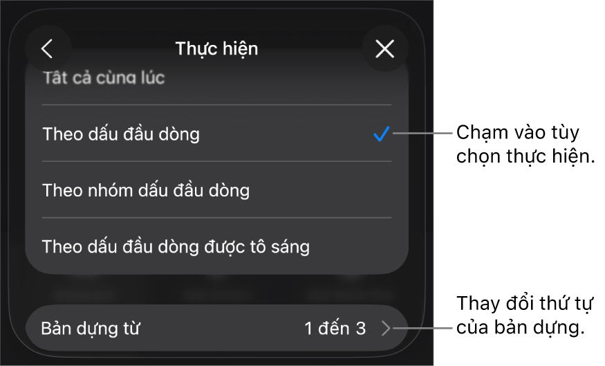 Tùy chọn Thực hiện trong khung Xuất hiện.