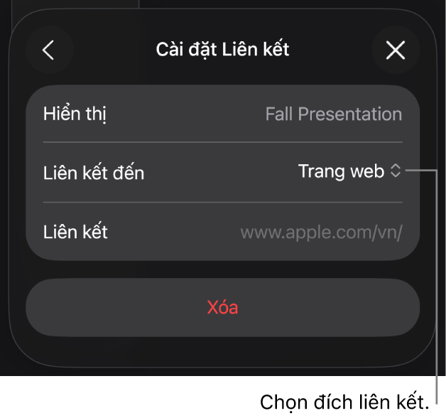 Các điều khiển Cài đặt Liên kết với Trang web được chọn và nút Xóa nằm ở cuối.