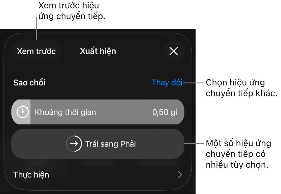 Các điều khiển trong khung Tùy chọn để sửa đổi hiệu ứng chuyển tiếp.