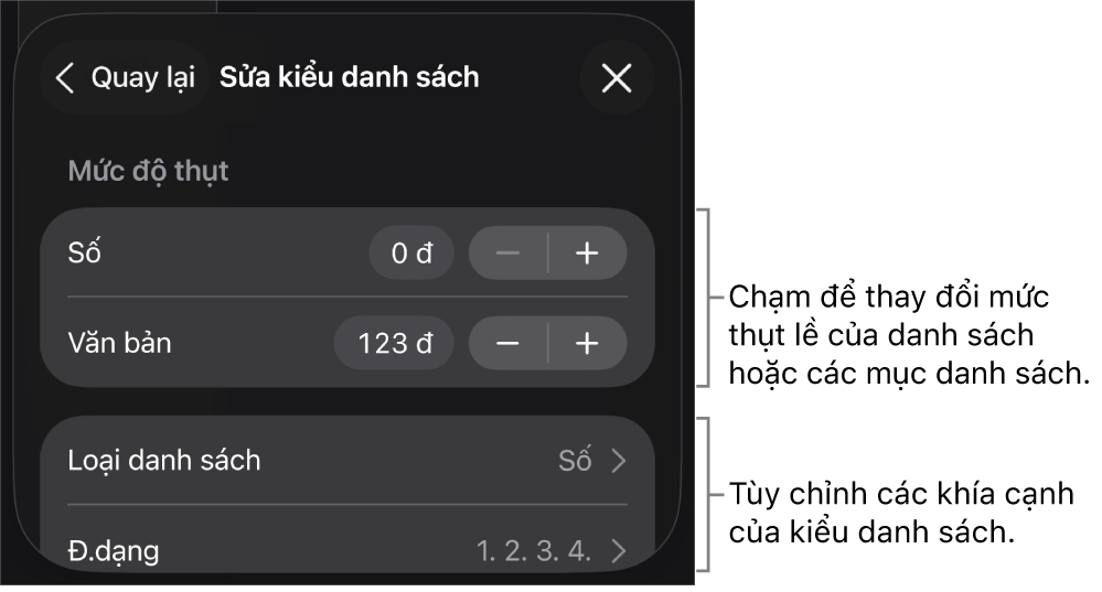 Menu Sửa kiểu danh sách với các điều khiển để sửa loại và giao diện của danh sách.