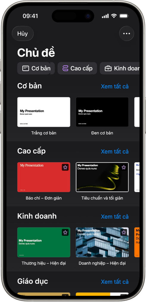 Bộ chọn chủ đề, đang hiển thị một hàng các danh mục dọc trên cùng mà bạn có thể chạm để lọc các tùy chọn. Bên dưới là các hình thu nhỏ của các mẫu được thiết kế sẵn được sắp xếp trong các hàng theo danh mục.