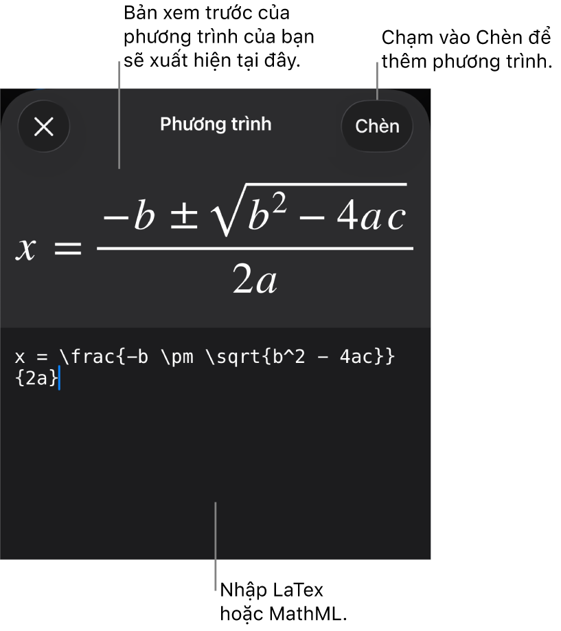 Hộp thoại Phương trình, đang hiển thị phương trình được viết bằng các lệnh MathML và bản xem trước của công thức ở bên trên.