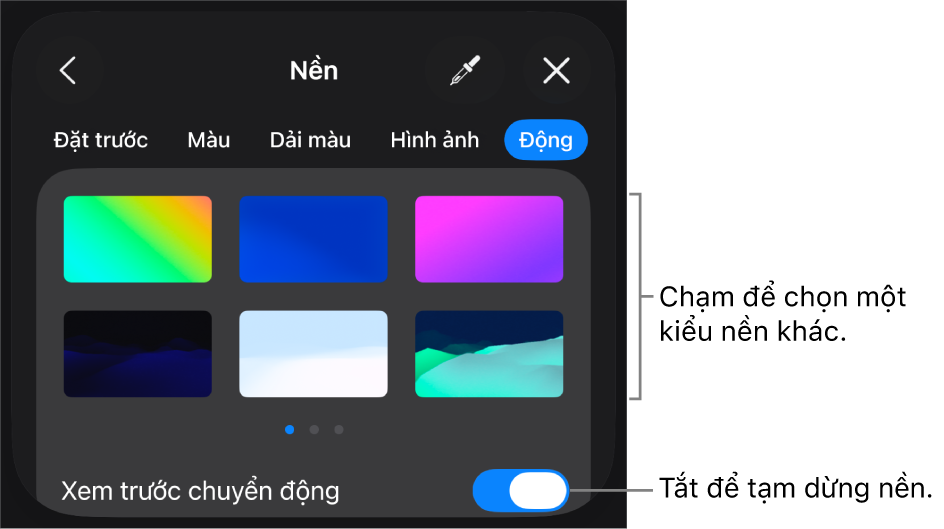 Các điều khiển nền động với các hình thu nhỏ kiểu nền và nút Xem trước chuyển động được hiển thị.