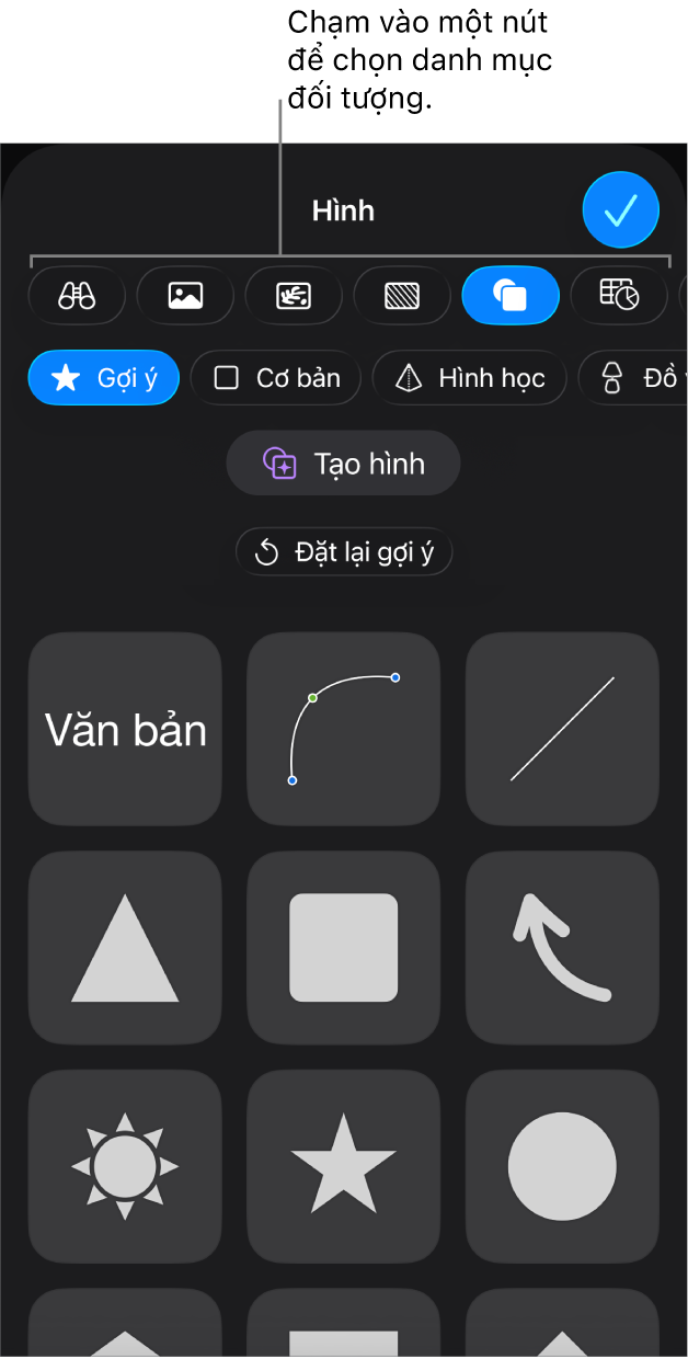 Các điều khiển để thêm đối tượng, với các nút ở trên cùng để chọn bảng, biểu đồ, hình (bao gồm các đường và hộp văn bản) và phương tiện.