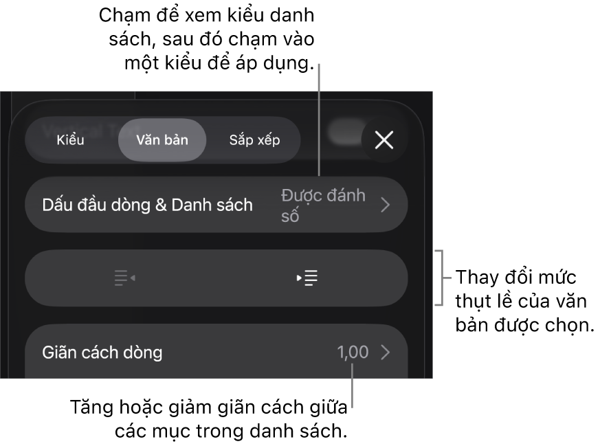 Phần Dấu đầu dòng & Danh sách của điều khiển Định dạng với các chú thích đến Dấu đầu dòng & Danh sách, các nút thụt lề và nhô lề và các điều khiển giãn cách dòng.