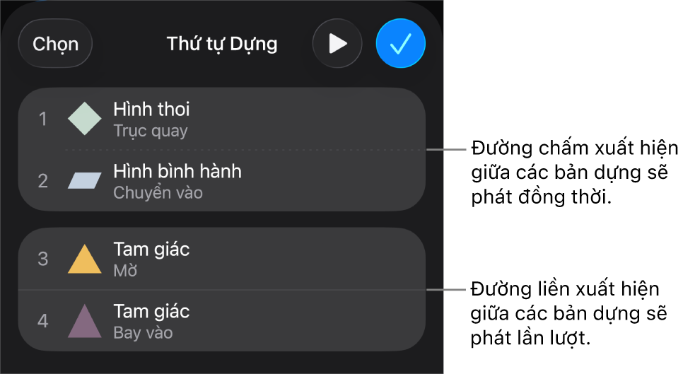 Menu Thứ tự dựng, với đường nét chấm đang xuất hiện giữa các bản dựng phát đồng thời và đường nét liền giữa các bản dựng sẽ phát lần lượt.