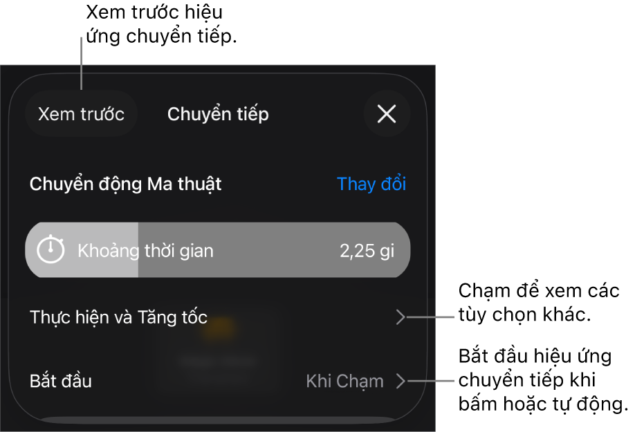 Các điều khiển Chuyển động ma thuật trong khung Chuyển tiếp.