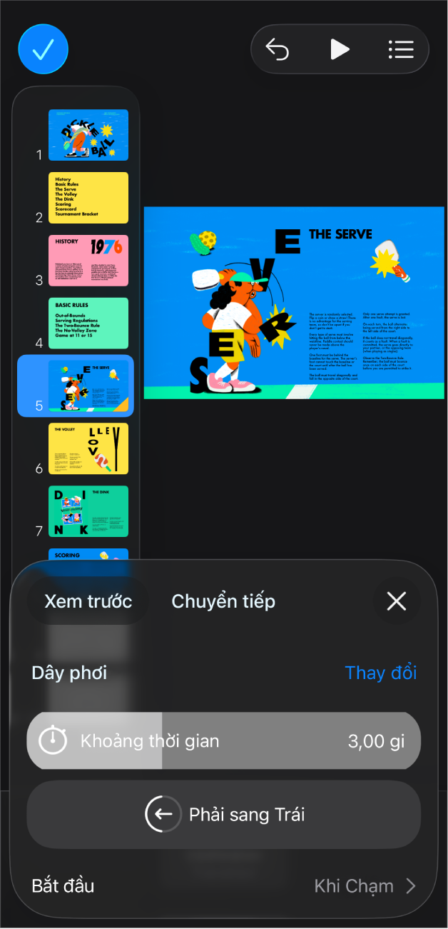 Ứng dụng Keynote với một trang chiếu được chọn trong trình điều hướng trang chiếu ở bên trái của màn hình. Nút Chuyển tiếp xuất hiện trong menu ở bên phải của trang chiếu được chọn.