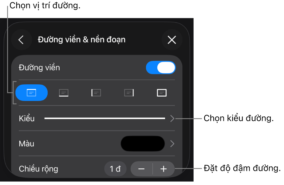 Các điều khiển để thay đổi kiểu đường, độ đậm, vị trí và màu.