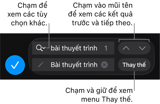 Các điều khiển Tìm & Thay thế phía trên bàn phím có nút Thay thế, Đi lên và Đi xuống và một mũi tên để chạm vào cho Tùy chọn tìm kiếm.