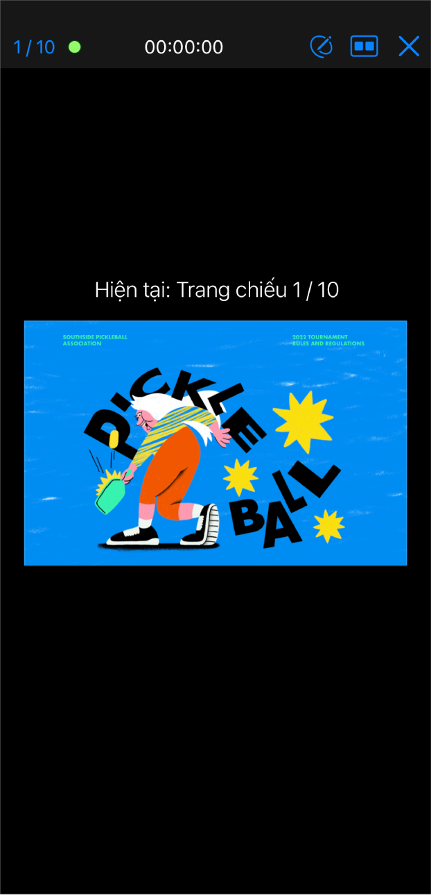 Ứng dụng Keynote với chế độ xem thuyết trình đang hiển thị. Trang chiếu hiện tại xuất hiện ở giữa màn hình. Một thanh công cụ xuất hiện ở đầu màn hình với bộ đếm trang chiếu ở bên trái, thời gian ở giữa và các nút Vẽ, Bố cục và Thoát ở bên phải.
