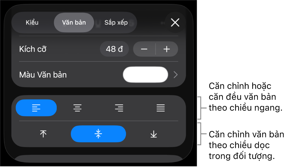 Phần Căn chỉnh của nút Định dạng với các lời nhắc đến các nút căn chỉnh văn bản.