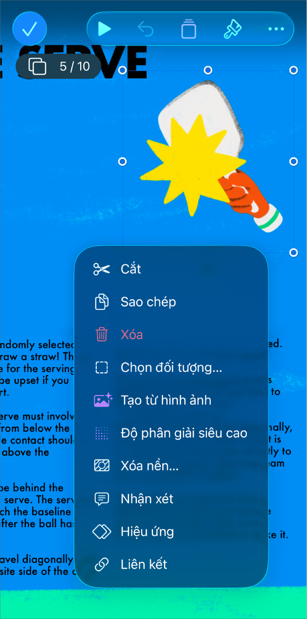 Ứng dụng Keynote có một đối tượng được chọn. Nút Hiệu ứng xuất hiện trong menu phía trên đối tượng được chọn.