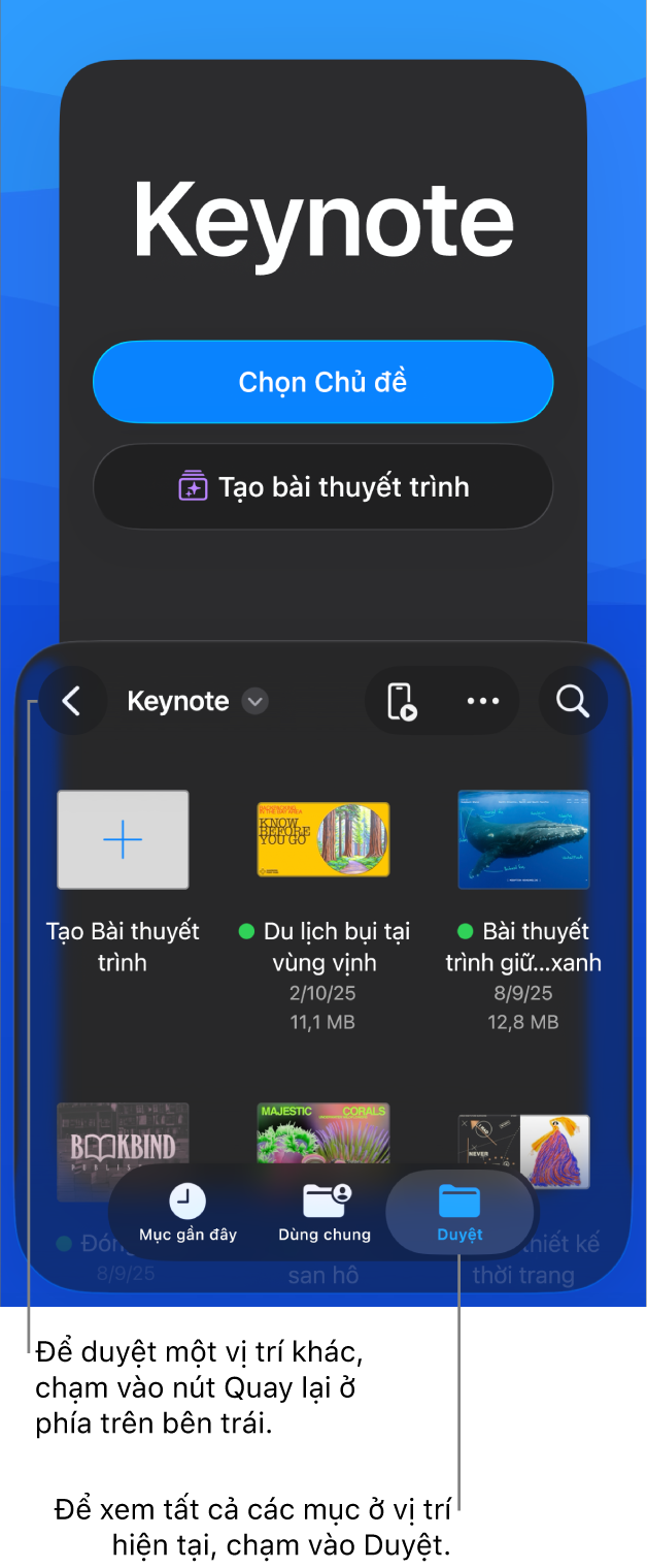 Chế độ xem duyệt của trình quản lý tài liệu với nút Quay lại ở góc trên cùng bên trái và bên dưới là trường Tìm kiếm. Ở góc trên cùng bên phải là các nút Thêm và Điều khiển từ xa. Ở cuối màn hình là các nút Gần đây, Được chia sẻ và Duyệt.