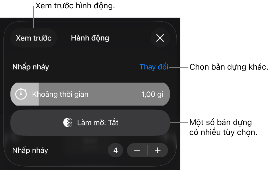 Các tùy chọn bản dựng bao gồm Thời lượng và Định thời gian bắt đầu. Chạm vào Thay đổi để chọn bản dựng khác hoặc chạm vào Xem trước để xem trước bản dựng.