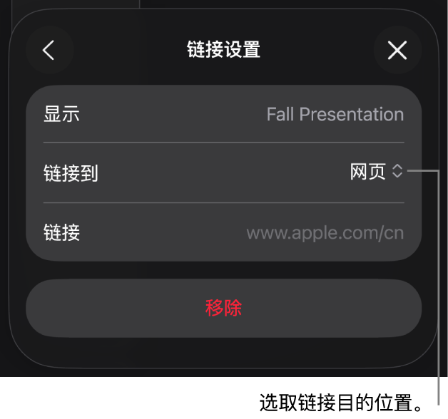“链接设置”控制,“网页”已选中,“移除”按钮位于底部。