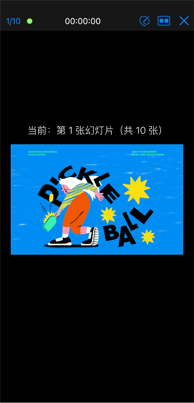 Keynote 讲演 App 显示演讲者视图。当前幻灯片出现在屏幕中间。工具栏出现在屏幕顶部,幻灯片计数器在左侧,时间在中间,“绘图”、“布局”和“退出”按钮在右侧。
