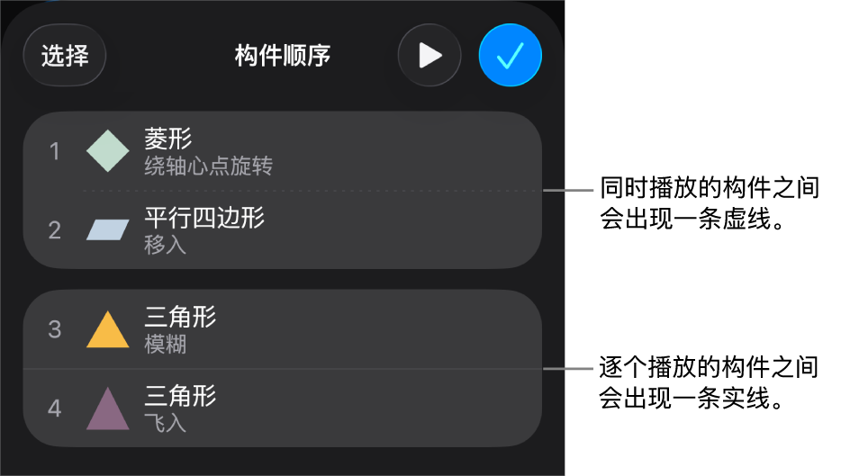 “构件顺序”菜单,同时播放的构件之间显示一条虚线,逐个播放的构件之间显示一条实线。