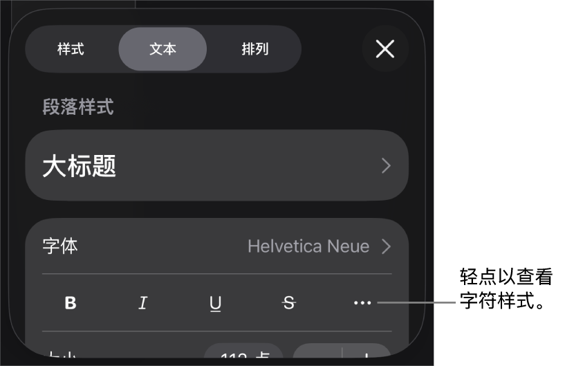 “格式”控制,顶部是段落样式,然后是“字体”控制。“字体”下方是“粗体”、“斜体”、“下划线”、“删除线”和“更多文本选项”按钮。