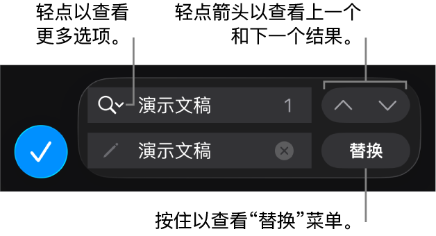 键盘上方的“查找与替换”控制,包含“替换”、“前往上一个”和“前往下一个”按钮,以及轻点可显示“搜索选项”的箭头。