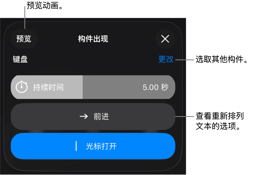 “构件出现”选项包括“持续时间”、“文本动画”和“播放方式”。轻点“更改”以选取其他构件,或轻点“预览”以预览构件。