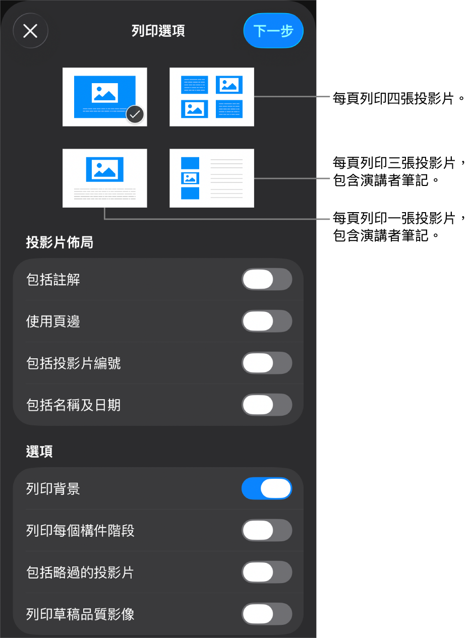列印佈局選項。
