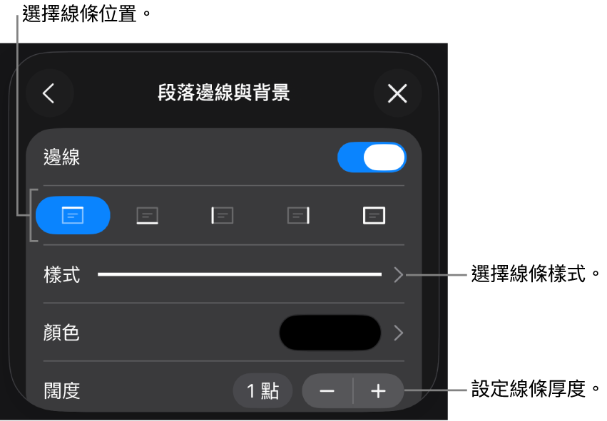 更改線條樣式、粗細、位置和顏色的控制項目。