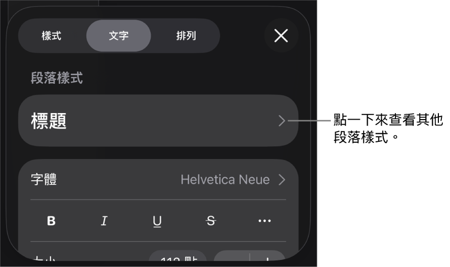 「格式」選單中顯示用於設定段落及字元樣式、字體、大小和顏色的文字控制項目。