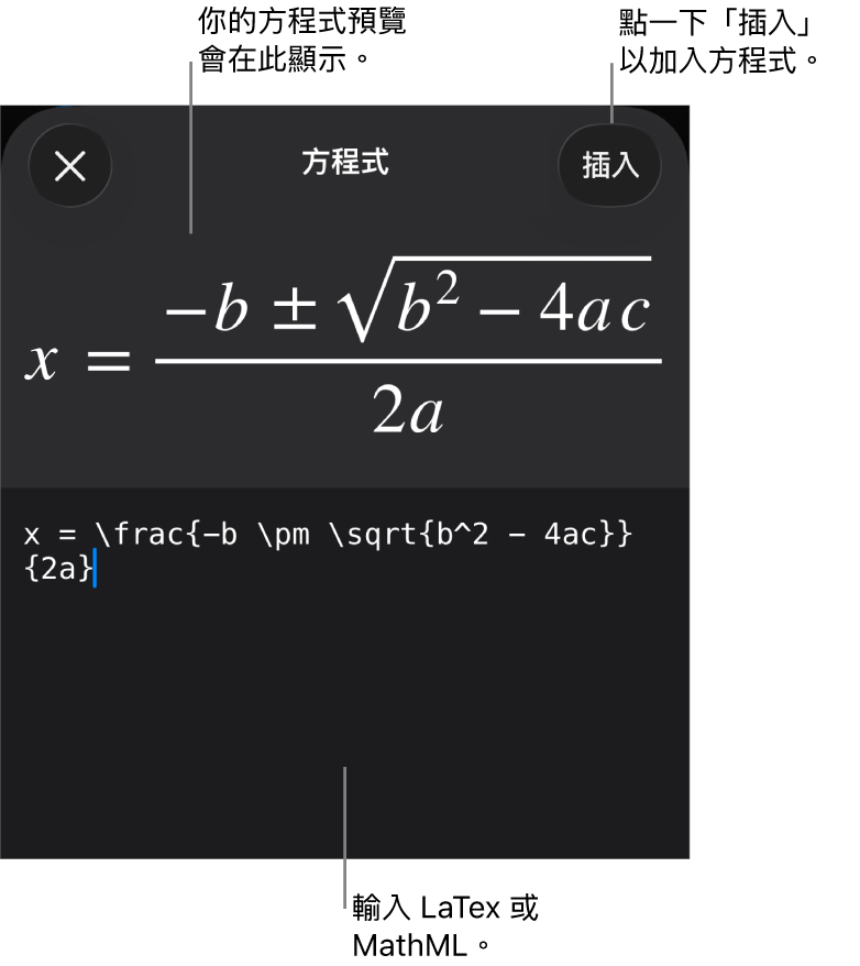 「方程式」對話框,顯示使用 MathML 指令寫入的方程式,上方是公式的預覽。