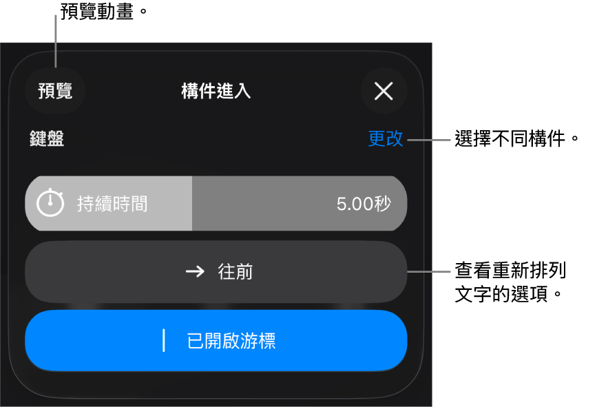 「構件進入」選項包含「持續時間」、「文字動畫」和「播放方式」。點一下「更改」來選擇不同構件,或點一下「預覽」來預覽構件。