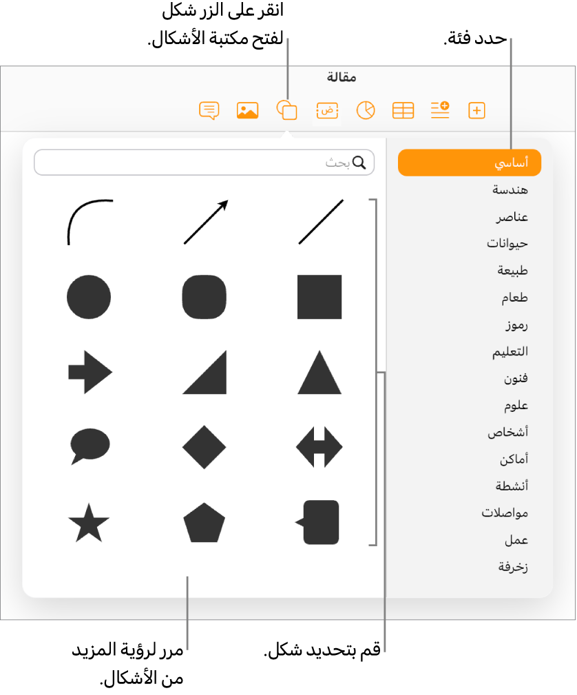 تكون مكتبة الأشكال مفتوحة أسفل الزر "شكل" في شريط الأدوات. يتم تحديد الفئة "أساسي" الموجودة إلى اليمين، ويتم عرض بعض الأشكال المشتركة (بما في ذلك الدوائر والمربعات والخطوط) إلى اليسار.