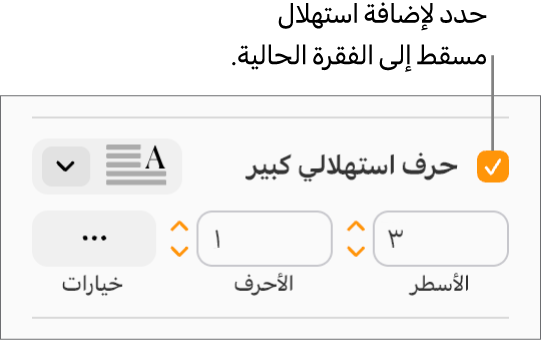 خانة اختيار الحرف الاستهلالي الكبير محددة، وتظهر قائمة منبثقة على يسارها؛ تظهر عناصر التحكم لإعداد ارتفاع السطر وعدد الأحرف والخيارات الأخرى أسفلها.