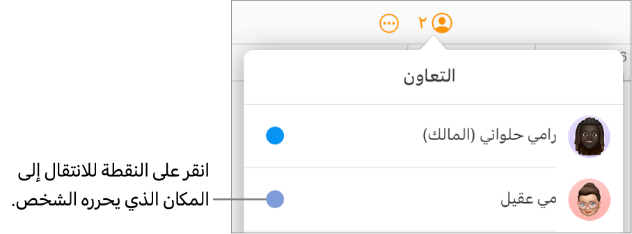قائمة المشاركين مفتوحة، مع مشاركين ونقطة بلون مختلف على يسار كل اسم.
