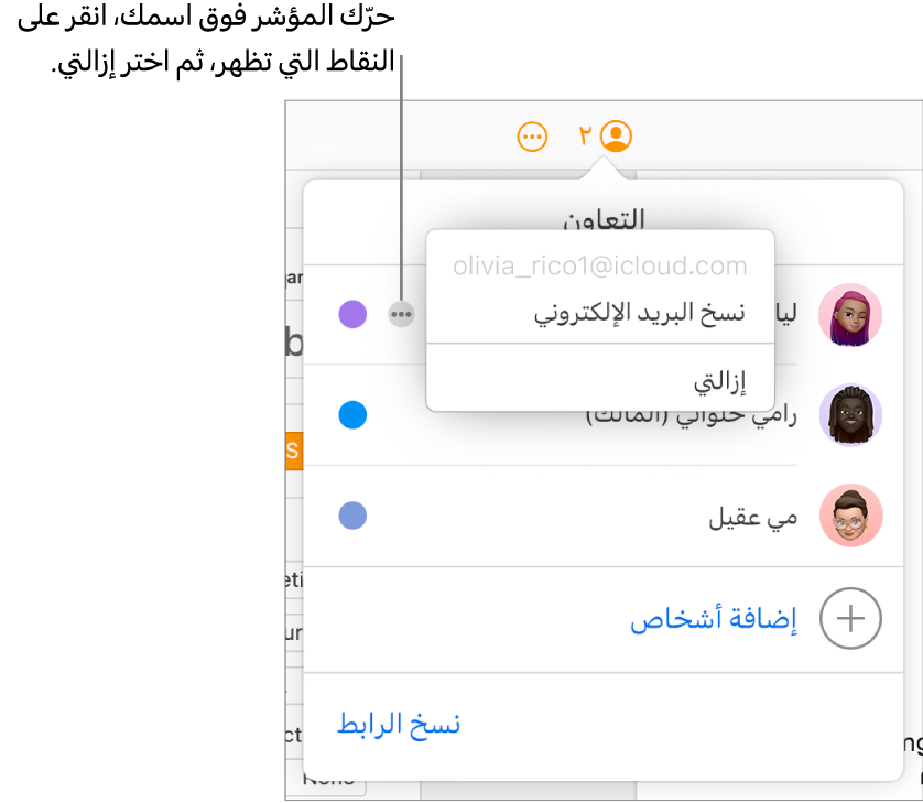 قائمة التعاون مفتوحة، مع النقر على الزر "مزيد" الموجود يسار المشارك الأول، وخيار "إزالتي" متوفر.