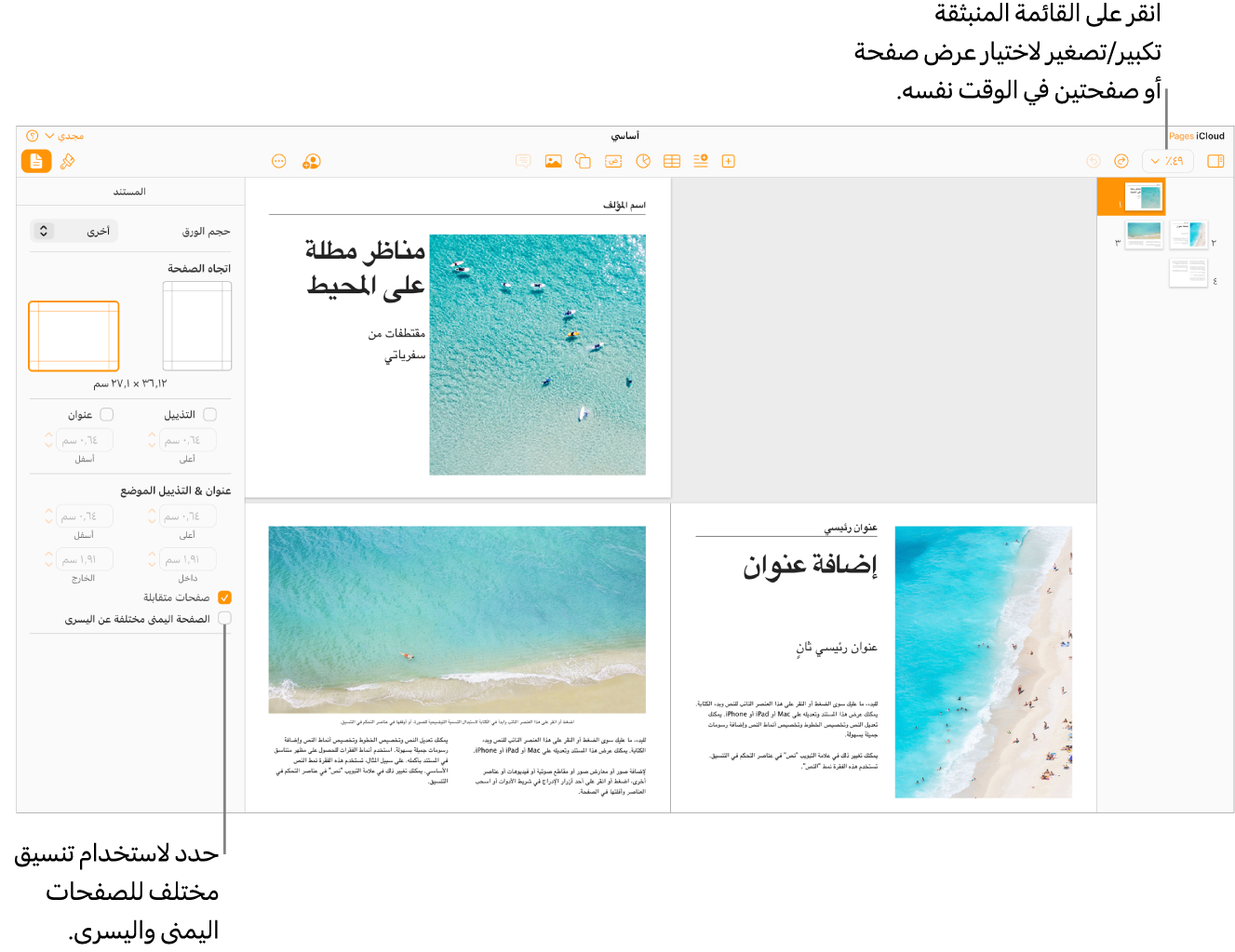 نافذة Pages لـ iCloud مع الصور المصغرة للصفحة وصفحات المستند التي يتم عرضها على شكل صفحتين متقابلتين. في الشريط الجانبي "المستند" على الجانب الأيسر، خانة الاختيار "الصفحة اليمنى مختلفة عن اليسرى" غير محددة.
