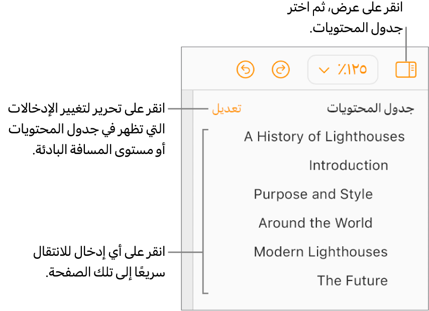 جدول المحتويات مفتوح في الشريط الجانبي الأيمن مع إدخالات لعنوان المستند وخمسة عناوين أخرى.
