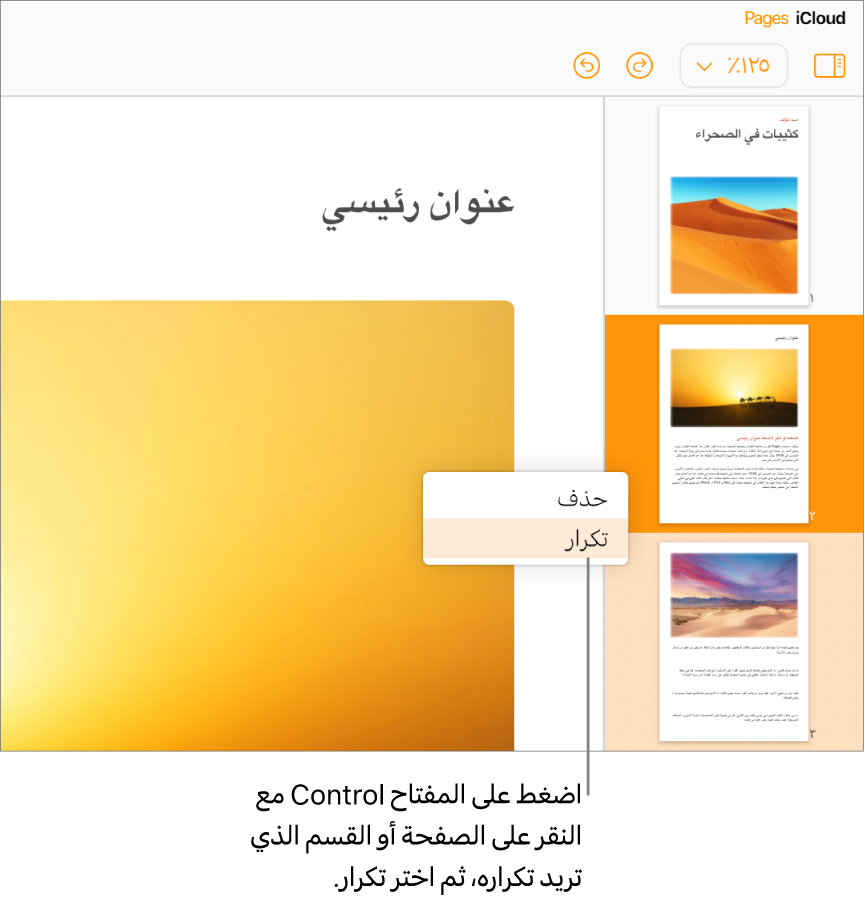 الصور المصغرة للصفحات لمستند معالجة كلمات متعدد الصفحات في الشريط الجانبي الأيمن، مع تمييز الصفحة المحدّدة باللون البرتقالي الداكن وصفحة أخرى في نفس القسم باللون البرتقالي الفاتح. تحتوي القائمة المنبثقة على خيارات "حذف" أو "تكرار" القسم المحدد.