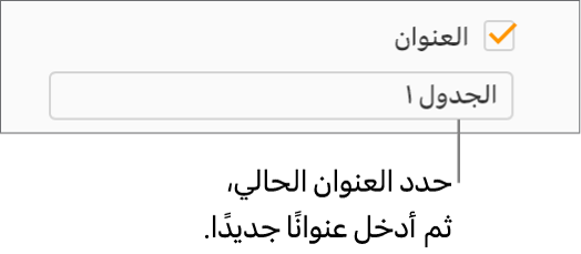 تم تحديد خانة الاختيار "العنوان" في الشريط الجانبي "التنسيق". يظهر حقل نص أسفل خانة الاختيار عنوان جدول العنصر النائب، "الجدول 1."