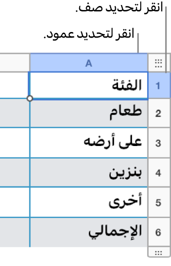 صف جدول محدد يتضمن وسائل شرح لتحديدات الصف والعمود.