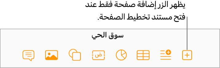 الجزء الأوسط من شريط الأدوات لمستند تخطيط الصفحة، مع زر "إضافة صفحة" على يمين الزر "إدراج".