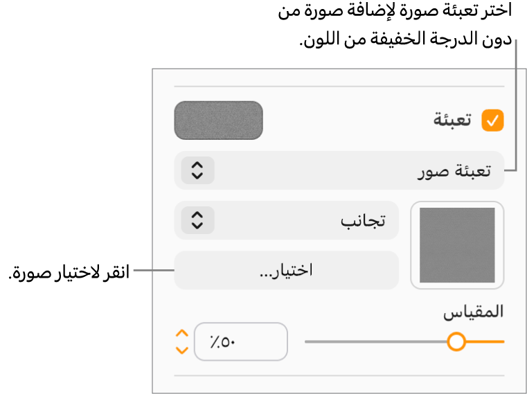 يتم تحديد خانة الاختيار "تعبئة" في الشريط الجانبي، ويتم اختيار "تعبئة الصورة" في القائمة المنبثقة أسفل خانة الاختيار. تظهر عناصر التحكم الخاصة باختيار الصورة، وكيفية تعبئتها للعنصر، ومقياس الصورة أسفل القائمة المنبثقة. تظهر معاينة تعبئة الصورة في المربع (بعد اختيار صورة).