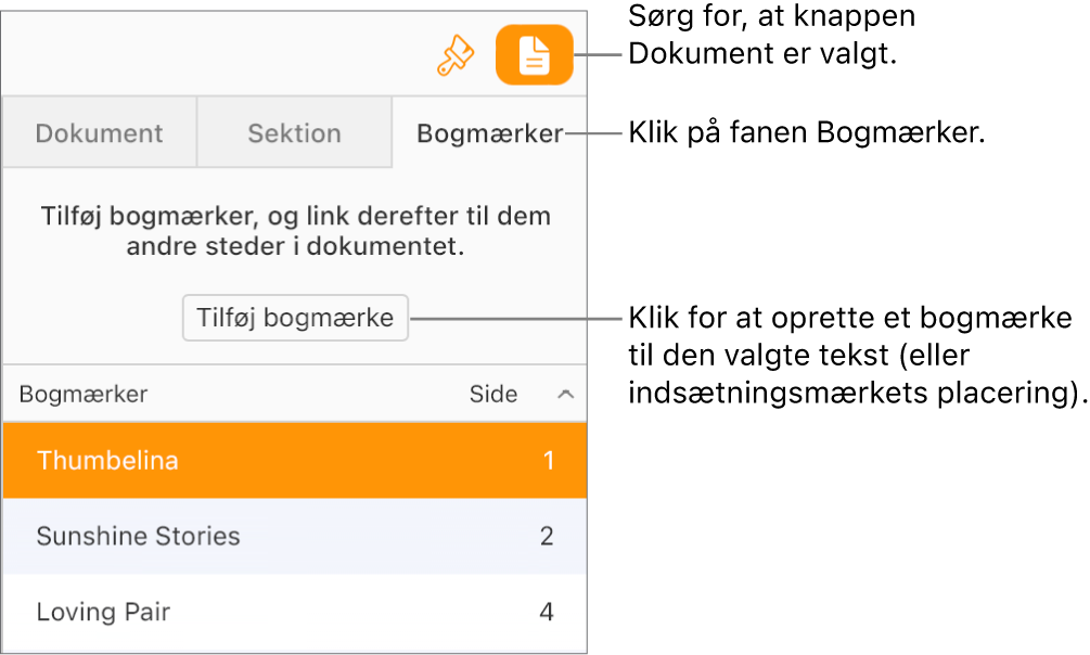 Fanen Bogmærker er valgt i indholdsoversigten for dokumenter. Knappen Tilføj bogmærke vises oven over listen over bogmærker, der allerede er føjet til dokumentet.