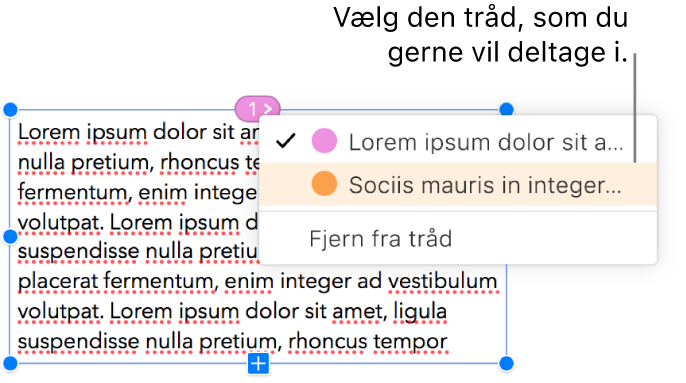 Det første tekstfelt i en tråd vælges, og en lokalmenu ud for cirklen øverst i tekstfeltet er åben. På lokalmenuen er der et hak ud for den tråd, som dette tekstfelt hører sammen med.