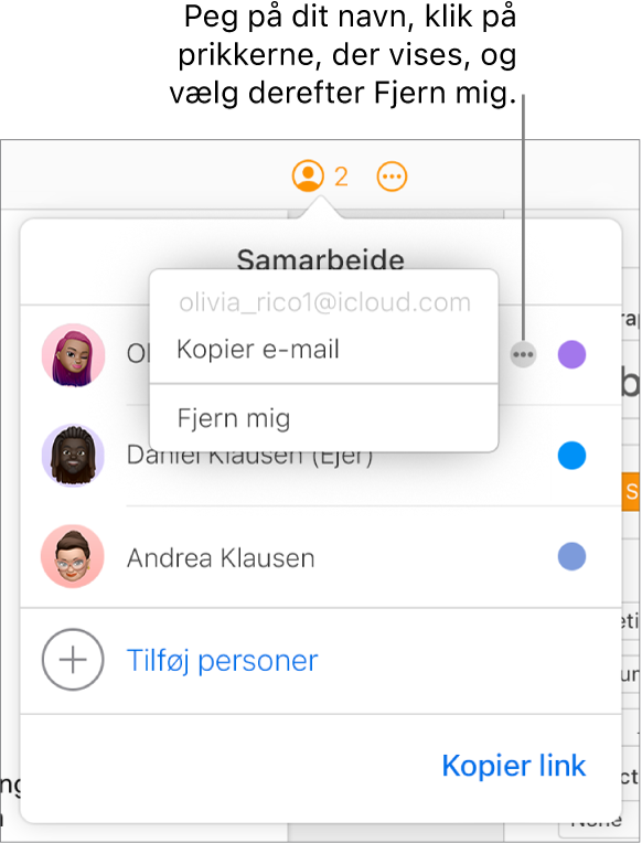 Menuen Samarbejde er åben med knappen Mere til højre for den første deltager, der klikkes på, og muligheden Fjern mig.