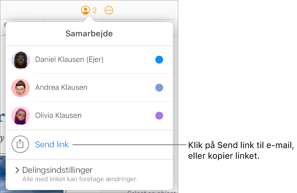 Menuen Samarbejde er åben med muligheden Send link under deltagerlisten.
