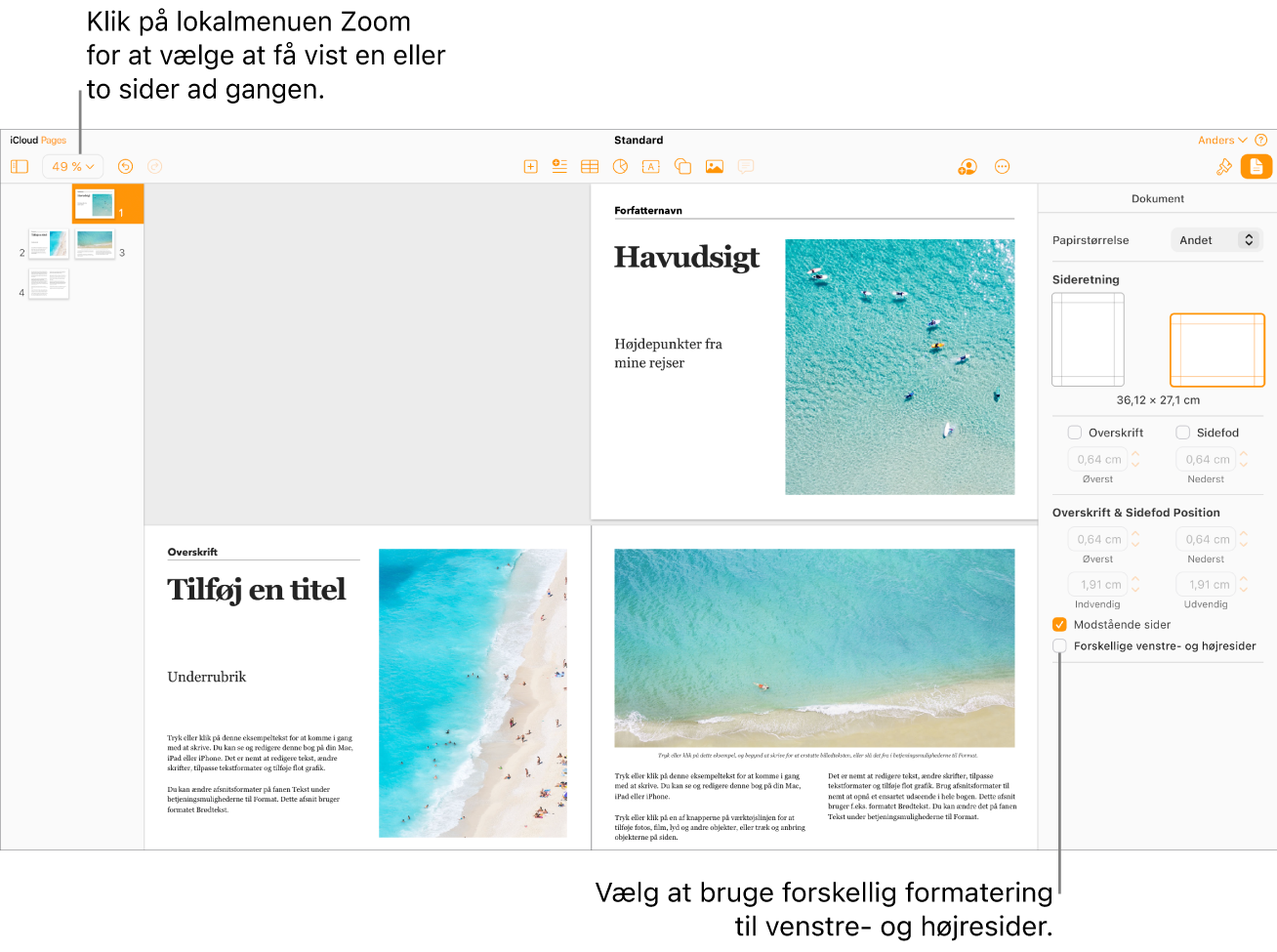 Pages til iCloud-vinduet med miniaturer af sider og dokumentsider vist som opslag på to sider. I indholdsoversigten for dokumenter til højre er afkrydsningsfeltet “Forskellige venstre- og højresider” ikke valgt.