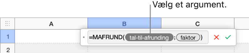 Formelværktøjet med SUM-funktionen indtastet og en billedtekst til værdiargumentmærket.